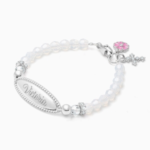 tB® Signature Crystal™ White Opal Baby/Children’s Engraved Bracelet for Girls - Sterling Silver