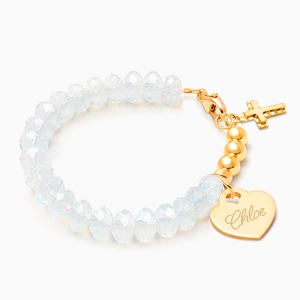 Gia™ Briolette Crystal, White Opal Christening/Baptism Baby/Children’s Beaded Bracelet for Girls (INCLUDES Engraved Charm) - 14K Gold