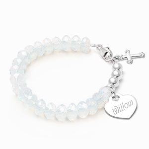 Gia™ Briolette Crystal, White Opal Baby/Children’s Beaded Bracelet for Girls (INCLUDES Engraved Charm) - Sterling Silver