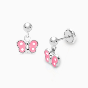 Winsome Wings Dangle, Pink Enamel Butterfly Baby/Children&#039;s Earrings, Screw Back - 14K White Gold