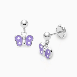 Winsome Wings Dangle, Purple Enamel Butterfly Baby/Children&#039;s Earrings, Screw Back - 14K White Gold