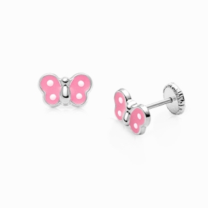 Winsome Wings, Pink Enamel Butterfly Baby/Children&#039;s Earrings, Screw Back - 14K White Gold