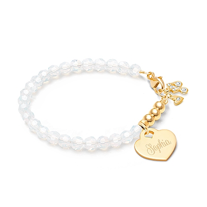 tB® Signature Crystal™ White Opal, Baby/Children’s Beaded Bracelet for Girls (INCLUDES Engraved Charm) - 14K Gold