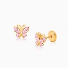 Curly Butterfly, Pink Pavé CZ Baby/Children&#039;s Earrings, Screw Back - 14K Gold
