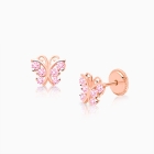 Curly Butterfly, Pink Pavé CZ Baby/Children&#039;s Earrings, Screw Back - 14K Rose Gold