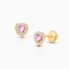 Blissful Heart, Pink/Clear CZ Baby/Children&#039;s Earrings, Screw Back - 14K Gold