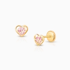 Butterfly Love, Pink CZ Heart, Baby/Children&#039;s Earrings, Screw Back - 14K Gold
