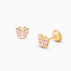 Curly Butterfly, Pink Pavé CZ Baby/Children&#039;s Earrings, Screw Back - 14K Gold