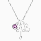 Diamond Point Cross, Children&#039;s Personalized Necklace Set for Girls (Includes Cross, Initial, and Birthstone Charms) - Sterling Silver