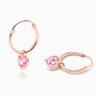 Fearless Heart Hoop Dangle, Pink CZ Teen&#039;s Earrings - 14K Rose Gold