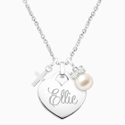 Gold Heart, Christening/Baptism Charm Necklace for Children (Includes Chain, Religious Charm &amp; FREE 1-Side Engraving) - 14K White Gold
