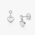 Modern Heart Dangle, Clear CZ Baby/Children&#039;s Earrings, Screw Back - 14K White Gold