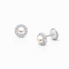 Pearl Halo, Clear CZ First Holy Communion Children’s Earrings, Screw Back - 14K White Gold