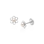 Petals and Pearls, Baby/Children&#039;s Earrings, Screw Back - 14K White Gold