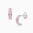 Princess Cut Half Hoop, Channel Set Pink CZ Baby/Children&#039;s Earrings, Screw Back - 14K White Gold