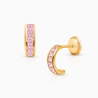 Princess Cut Half Hoop, Channel Set Pink CZ Baby/Children&#039;s Earrings, Screw Back - 14K Gold