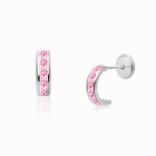 Princess Cut Half Hoop, Channel Set Pink CZ Baby/Children&#039;s Earrings, Screw Back - 14K White Gold