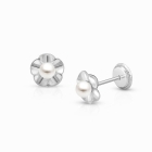 Ruffled Petals with Pearl, Christening/Baptism Baby/Children&#039;s Earrings, Screw Back - 14K White Gold