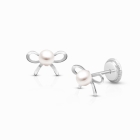 Bows &amp; Pearls, Christening/Baptism Baby/Children&#039;s Earrings, Screw Back - 14K White Gold