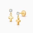 Simple Cross Dangle, Clear CZ Christening/Baptism Baby/Children&#039;s Earrings, Screw Back - 14K Gold