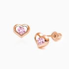 True of Heart Baby/Children&#039;s Earrings, Pink CZ, Screw Back - 14K Rose Gold