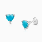 Turquoise CZ Heart, Teen&#039;s Earrings, Screw Back - 14K White Gold