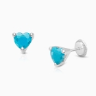 Simple Heart Studs, 5mm Turquoise CZ Mother&#039;s Earrings, Screw Back - 14K White Gold