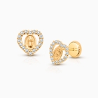 Virgin Mary, Clear Pavé CZ Heart Mother&#039;s Earrings, Screw Back - 14K Gold