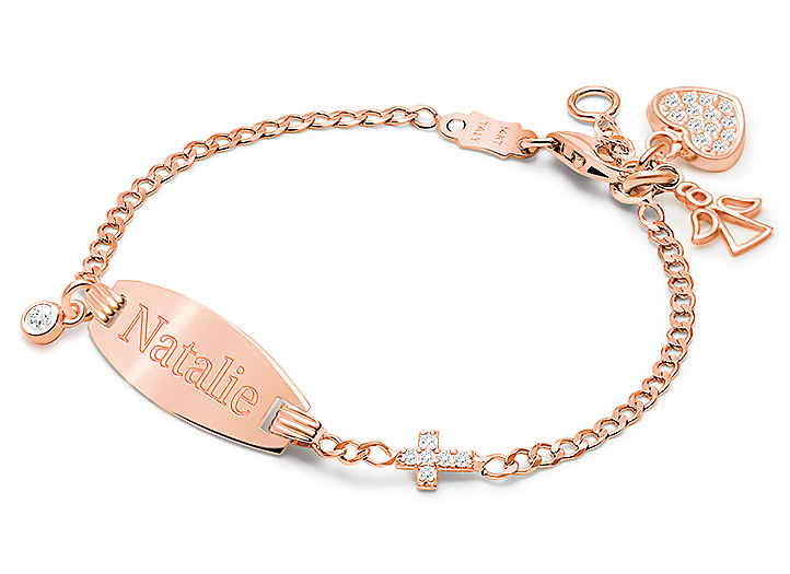 Pave Cross Baby Children s Engraved ID Bracelet for Girls 14K Rose Gold