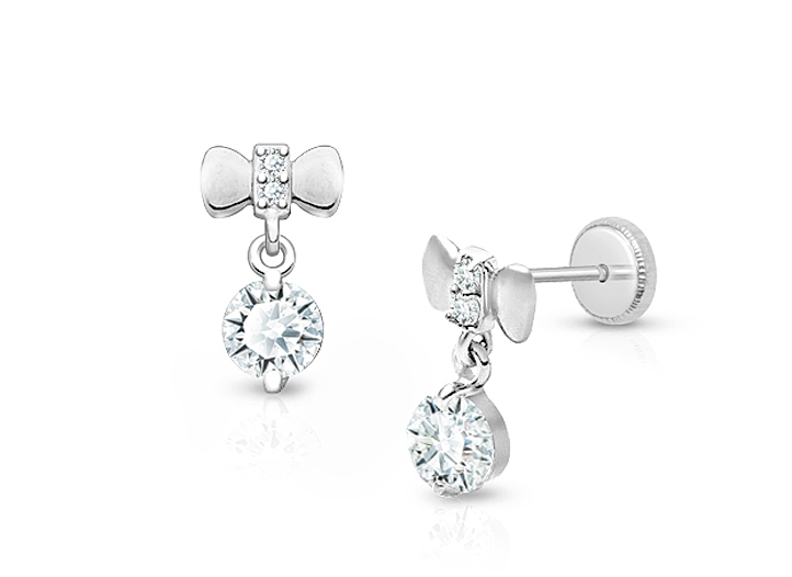 Radiant Ribbons Dangle Clear CZ Baby Children s Earrings Screw Back 14K White Gold